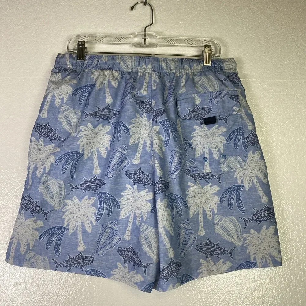 Vineyard Vines Swim Trunks Mens Size M Blue White lined Logo draw string elastic